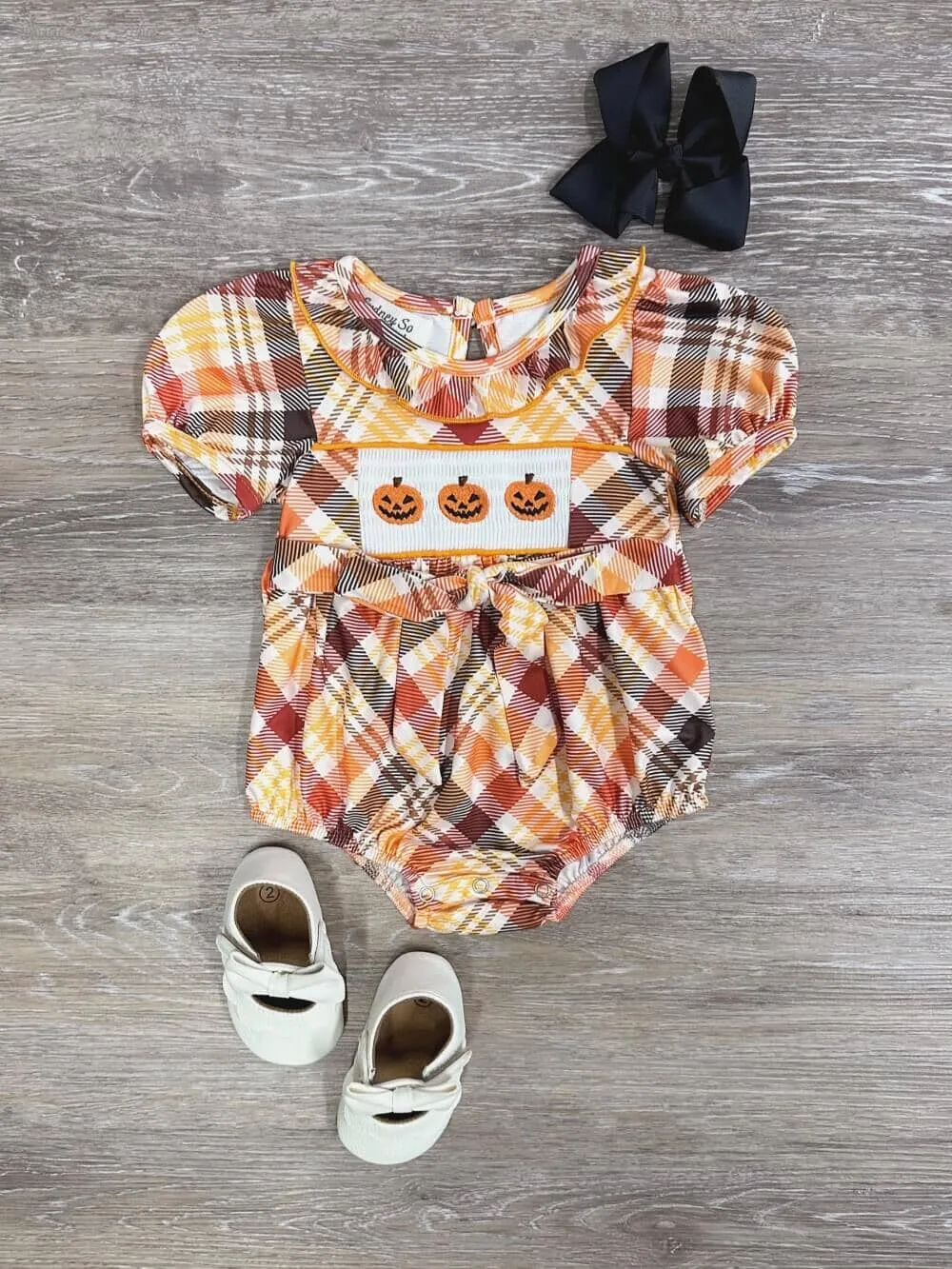 Pumpkins & Plaid Girls Puff Sleeve Baby Romper