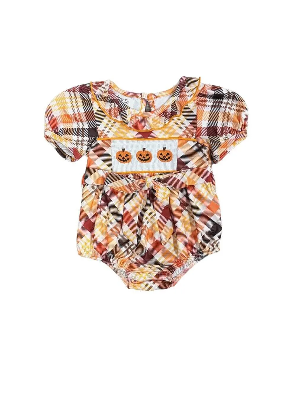 Pumpkins & Plaid Girls Puff Sleeve Baby Romper