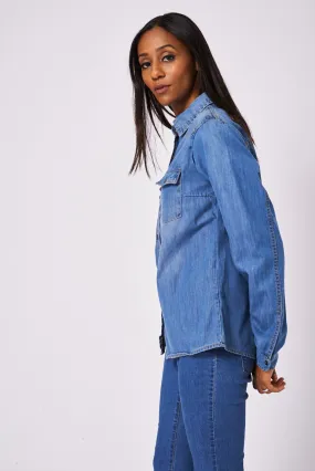 Relaxed Fit Denim Shirt In Medium Blue Wash  Ex-Branded