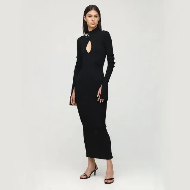 Ribbed Chain Embellished Turtleneck Midi Dress