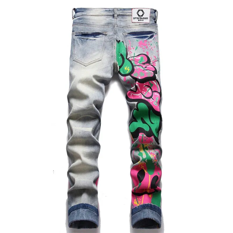 STARBAGS Distressed Graffiti Slim Stretch Jeans