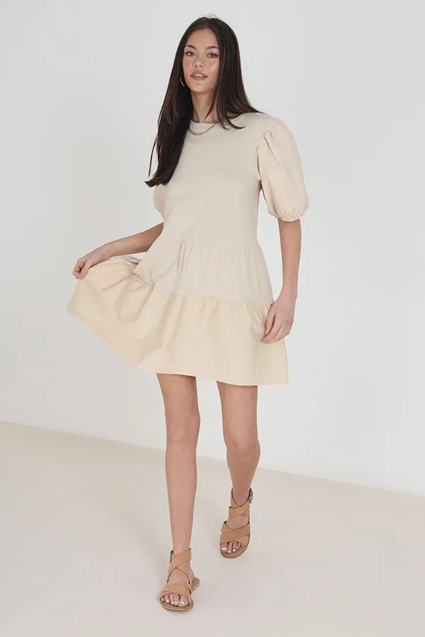 STONE CREW NECK PUFF SLEEVE SMOCK DRESS