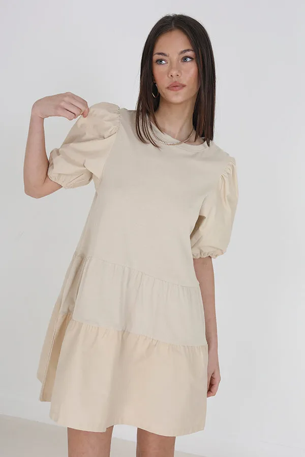 STONE CREW NECK PUFF SLEEVE SMOCK DRESS