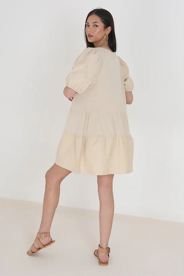 STONE CREW NECK PUFF SLEEVE SMOCK DRESS