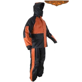 Two-Piece Black & Orange Rain Suit With Zippered Side Seams