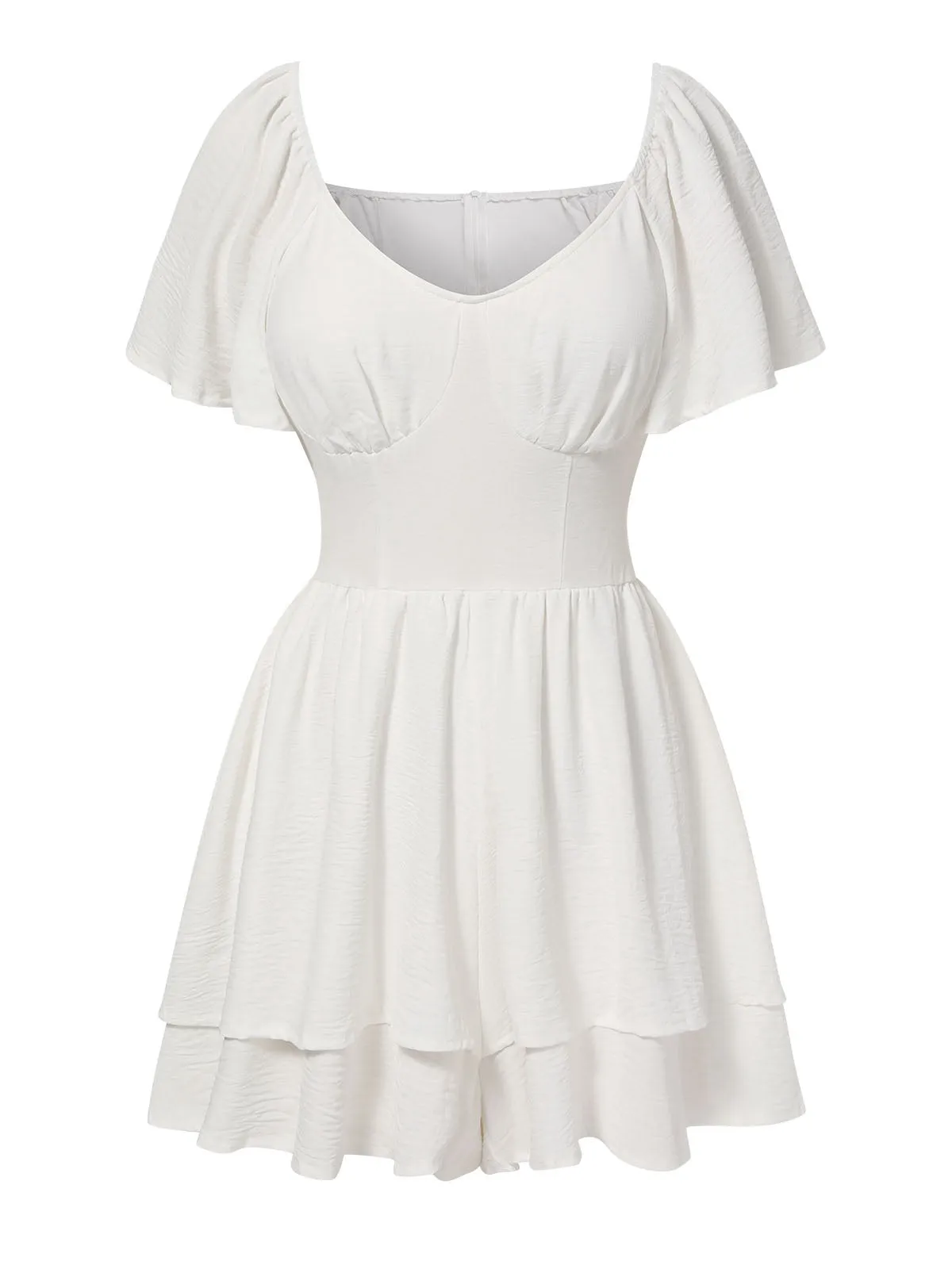 White 1950s Puff Sleeve Layered Hem Romper