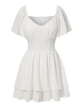 White 1950s Puff Sleeve Layered Hem Romper