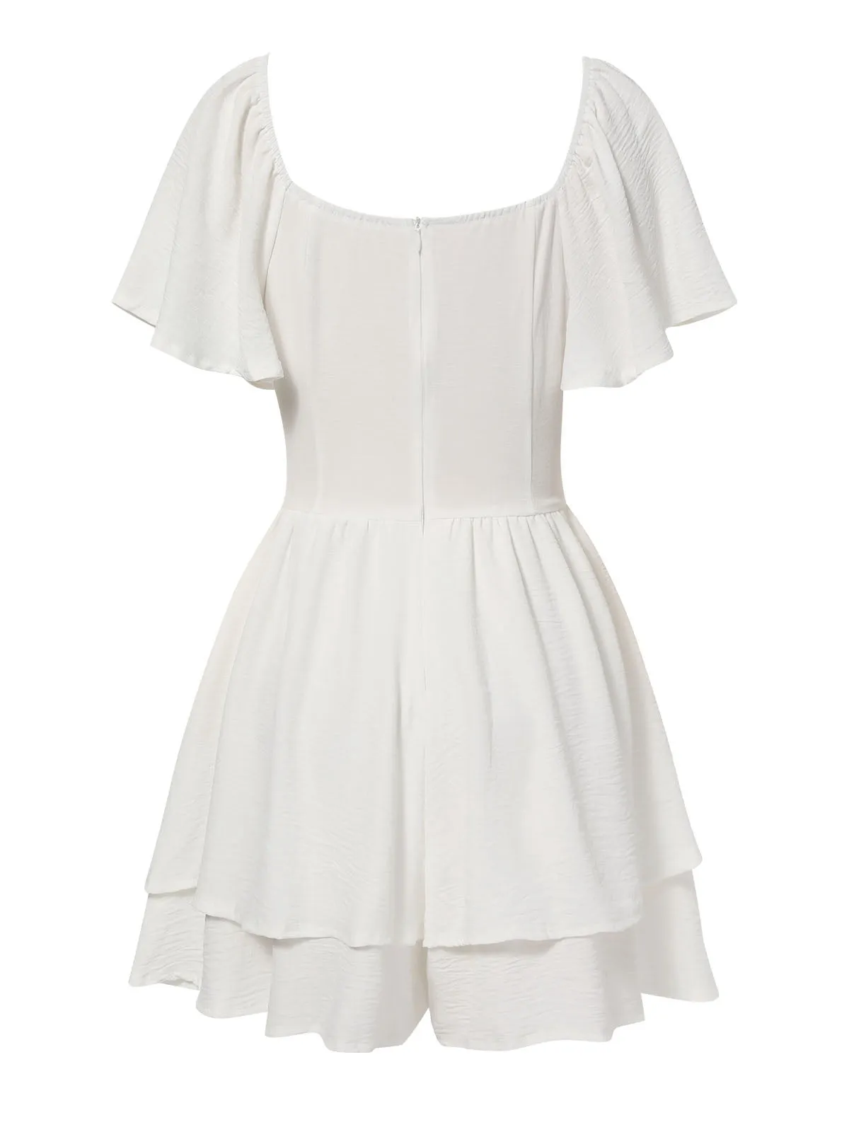 White 1950s Puff Sleeve Layered Hem Romper