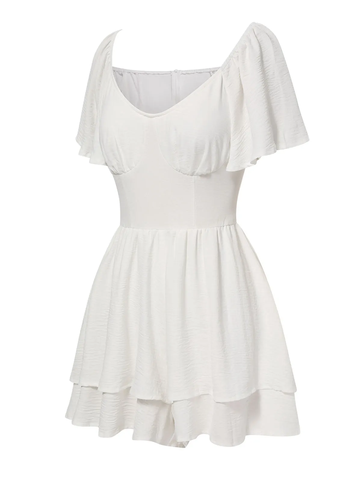 White 1950s Puff Sleeve Layered Hem Romper