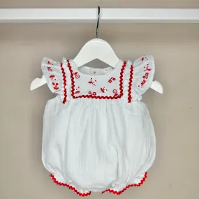 White Cheesecloth Romper With Red Detailing