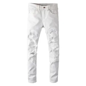 White crystal distressed rhinestone denim pants