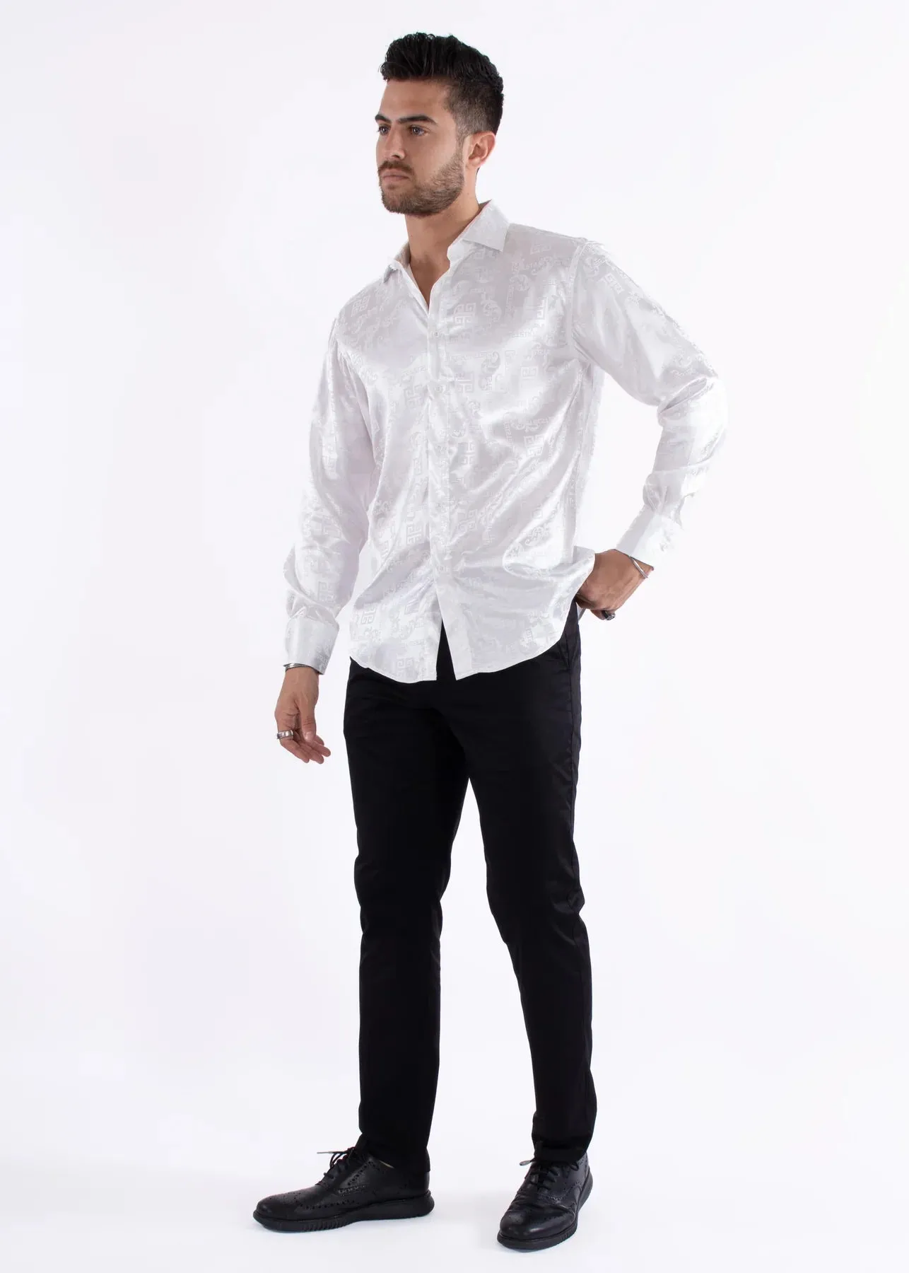 White Men's Greek Key Long Sleeve Satin Dress Shirt Shine Style No-232272