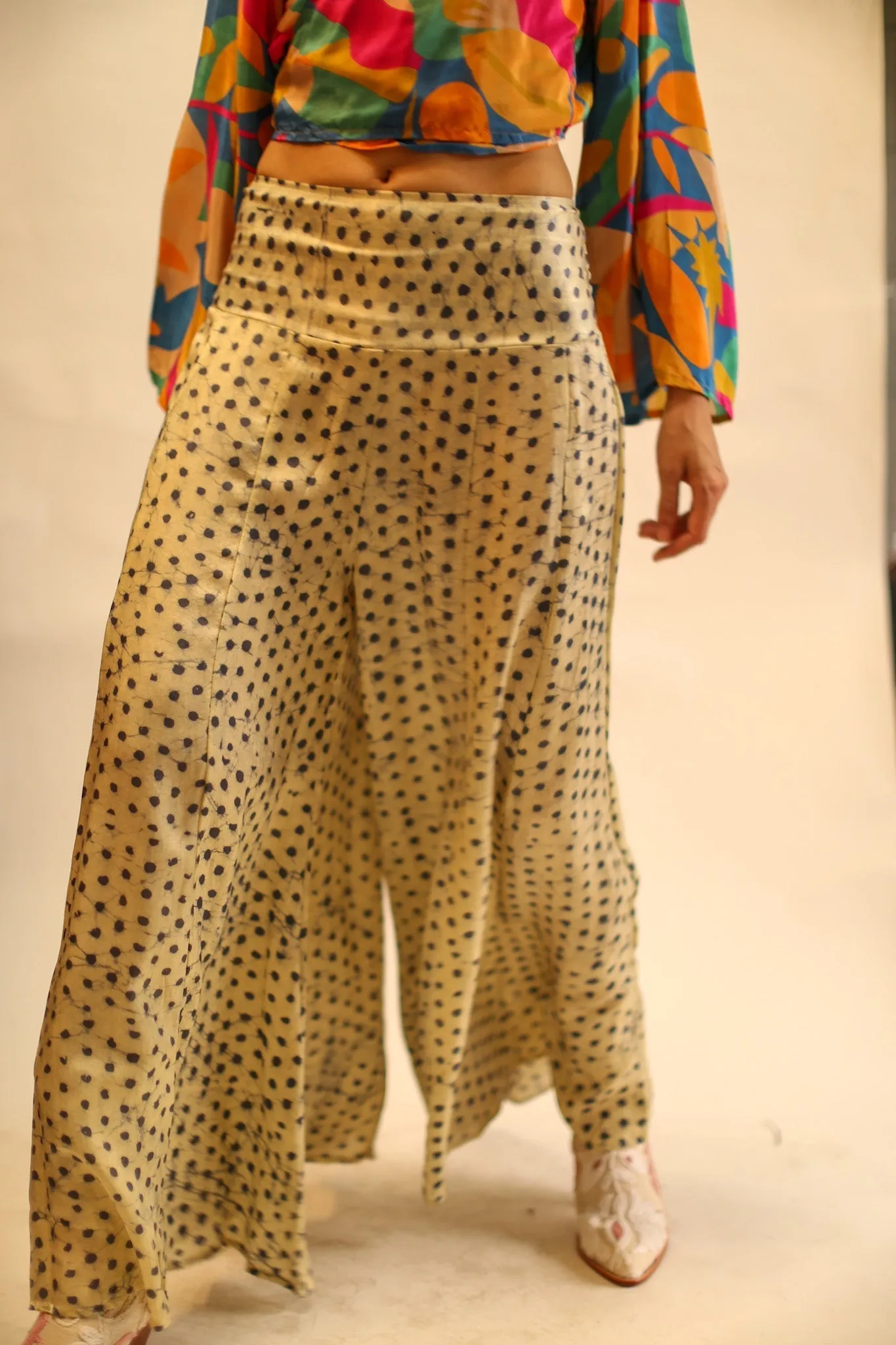 WIDE LEG BLOCK PRINT SILK PANTS RUBY