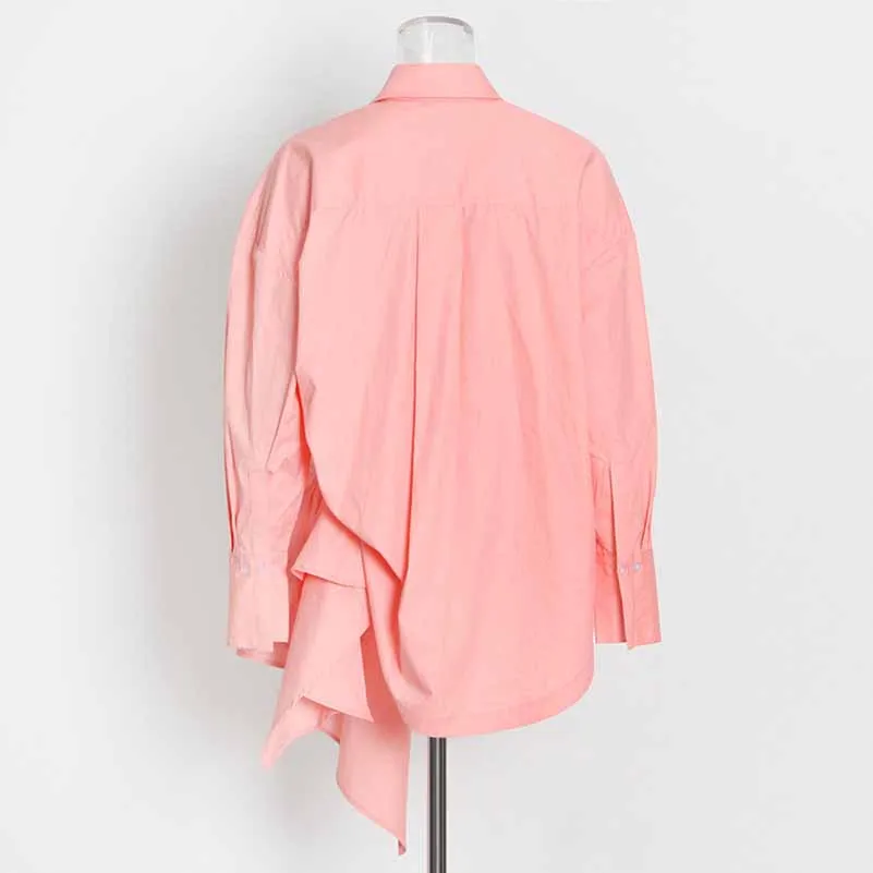 Women Lapel Long-sleeve Loose Shirt Detachable Asymmetric Blouse Top