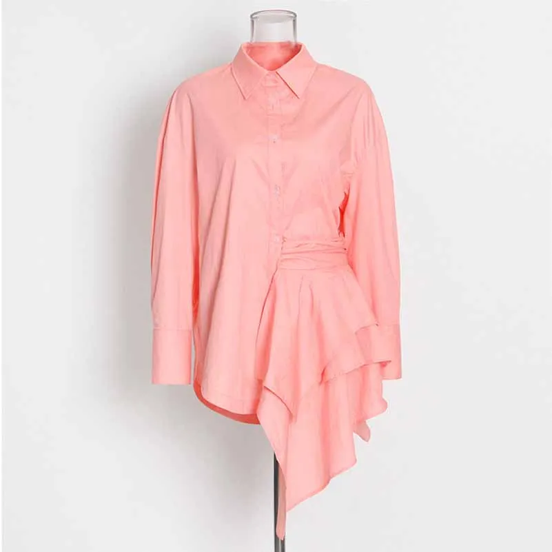 Women Lapel Long-sleeve Loose Shirt Detachable Asymmetric Blouse Top