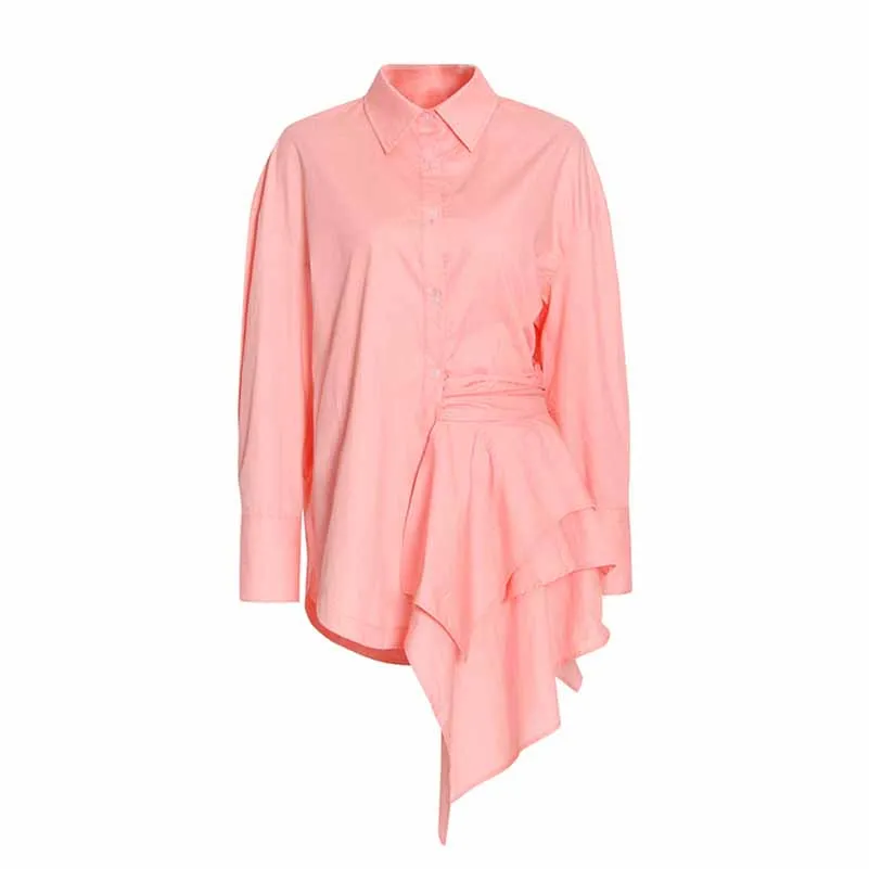 Women Lapel Long-sleeve Loose Shirt Detachable Asymmetric Blouse Top