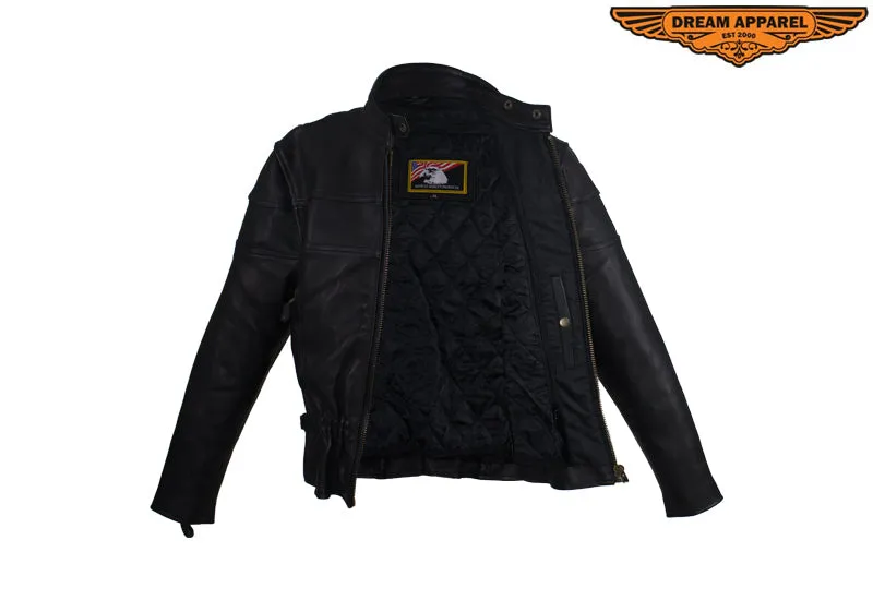 Women's Leather Racer Motorcycle Jacket With Double Reflector Stripes