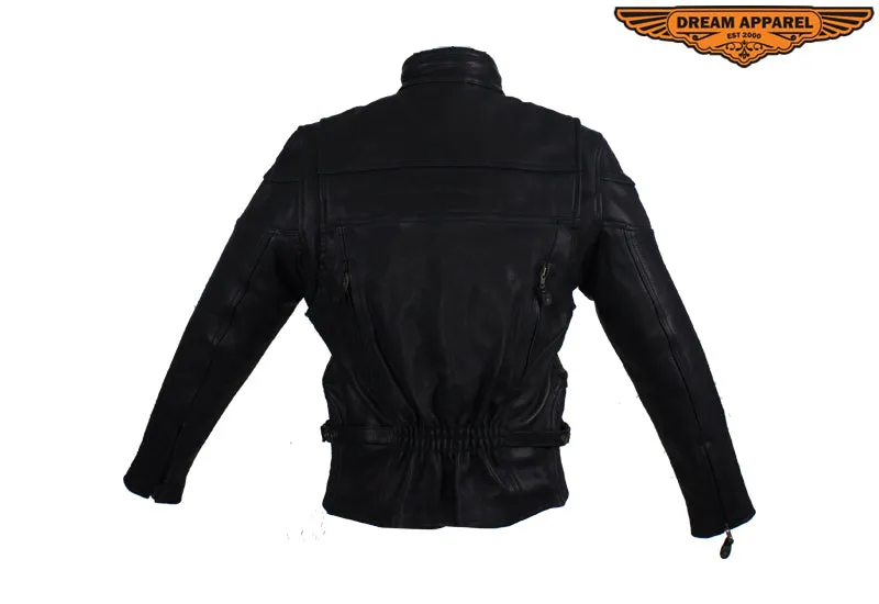 Women's Leather Racer Motorcycle Jacket With Double Reflector Stripes