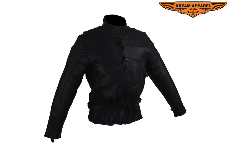 Women's Leather Racer Motorcycle Jacket With Double Reflector Stripes