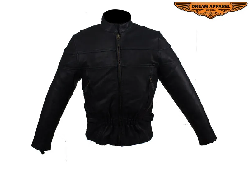 Women's Leather Racer Motorcycle Jacket With Double Reflector Stripes