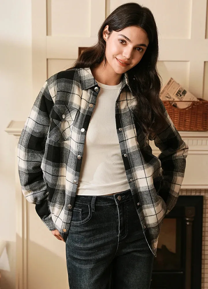 Womens Snap Plaid Flannel Jacket, Sherpa-Lined Shacket